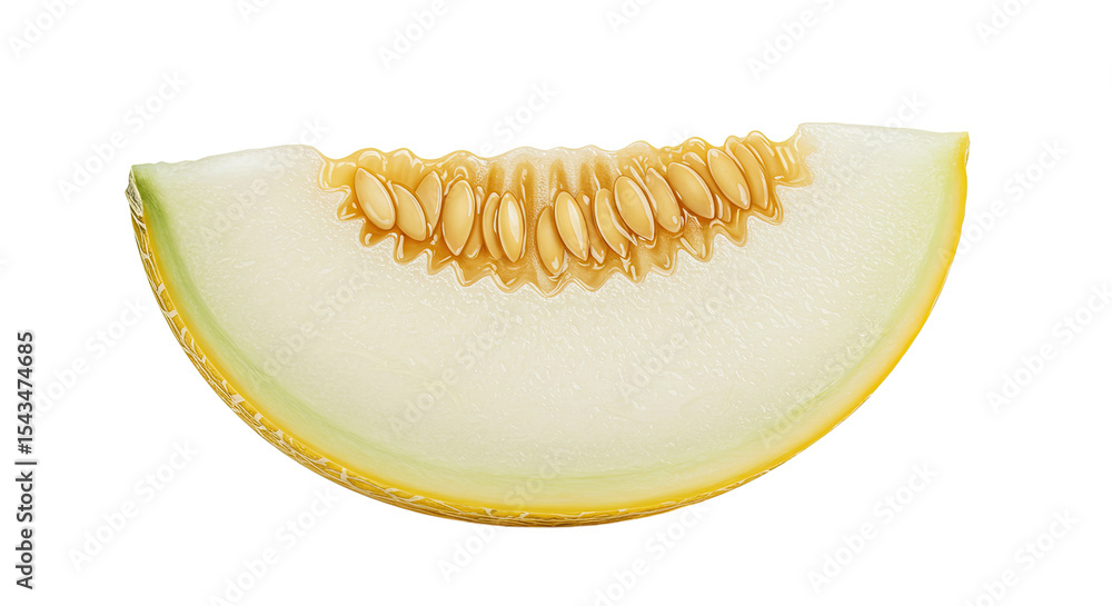 Poster a single slice of ripe cantaloupe melon with seeds isolated on a black background