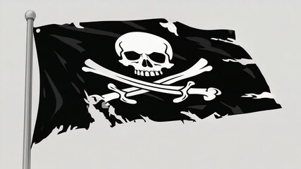 A black pirate flag with a white skull and crossbones design. The flag appears to be waving in the wind against a light background.