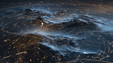 Detailed Map of Earth Landscape with City Lights and Celestial Markings