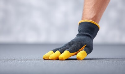 Close up of a Hand in Yellow and Black Work Glove Spreading Granules on Dark Surface