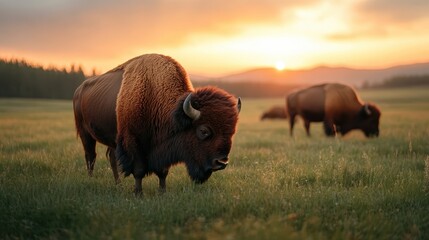 A tranquil scene of bison grazing peacefully on a grassy meadow at sunset, capturing the beauty of nature and wildlife in a picturesque landscape illuminated by golden light.