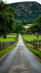 Scenic road winds through lush green fields towards a wooded hill, capturing the serene beauty of the countryside after the rain.