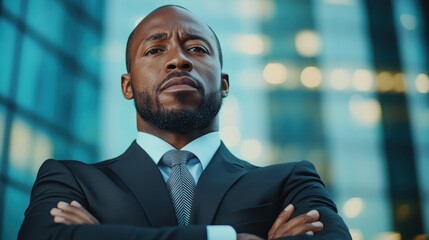 A poised man in a formal suit stands with a serious expression against an urban backdrop, encapsulating themes of confidence, ambition, and professionalism in modern work culture.