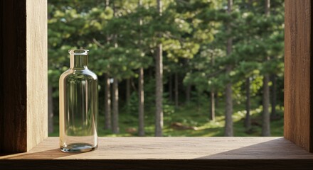 Empty Glass Bottle on Wooden Sill, Forest View