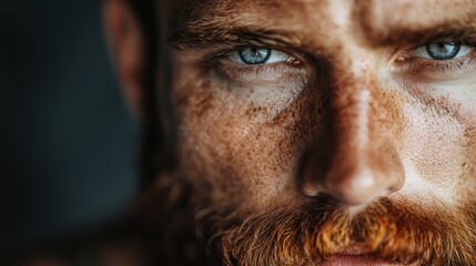 Obraz premium An intimate close-up portrait of a man with striking blue eyes and a red beard, showcasing his intense expression that reflects depth, character, and rugged masculinity.