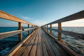 Obraz premium Wooden pier stretching to the horizon, meeting the sea and sky. Calming seascape with endless ocean view, leading to serenity.