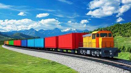 Fototapeta premium A colorful train traveling through a scenic mountain landscape with vibrant green grass and blue sky.