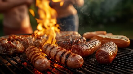An appetizing close-up of a barbecue grill filled with various meats, showcasing the excitement and cultural joy of outdoor cooking during sunny gatherings with family and friends.