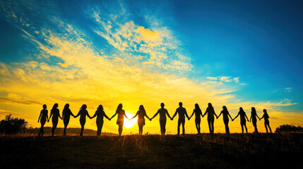 A group of people holding hands in a field at sunset.