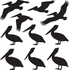 Obraz premium Pelican Standing on Pier SilhouetteFlying Pelican Over Water Vector DesignPelican with Open Beak Silhouette ArtCoastal Pelican Resting Scene VectorPelican in Flight Silhouette Illustration