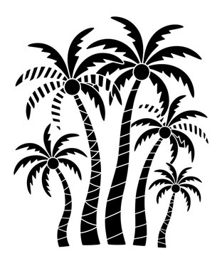 Abstract funky style black palm tree silhouettes, isolated on white. Bold tropical design perfect for summer, beach, retro, and modern graphic projects.