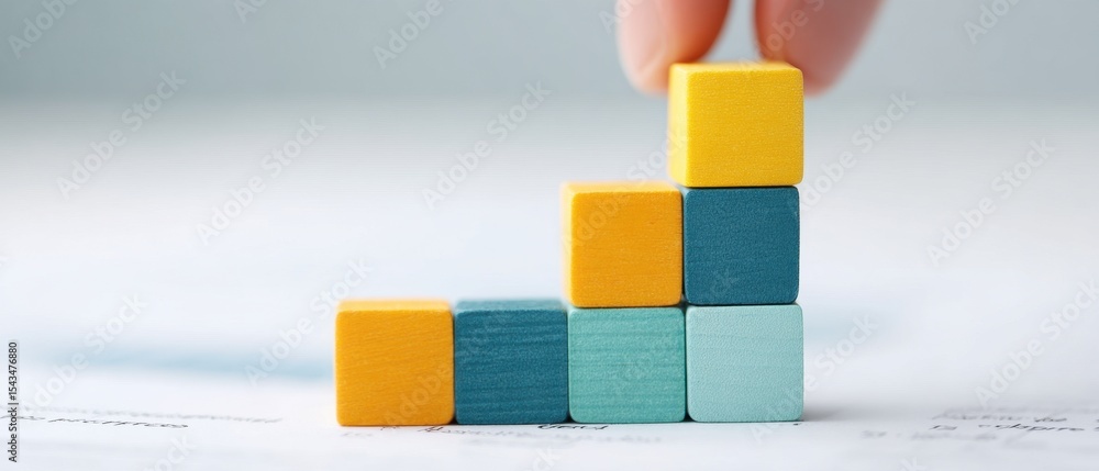 Poster hand arranging colorful cubes into ascending stack on white background