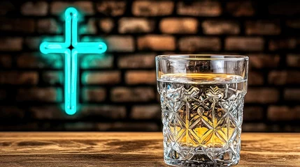 Rocks Glass of Amber Liquid on Wooden Surface with Neon Cross