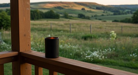 Illuminated Candle on Wooden Deck Overlooking Serene Rolling Hills at Sunset