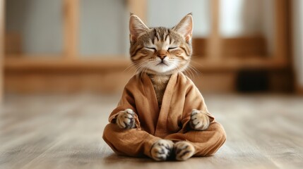 A charming cat dressed in a traditional robe sits in a meditative pose on a wooden floor, radiating tranquility and peaceful energy in its serene environment and setting.