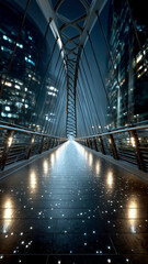 Fototapeta premium Urban bridge at night, lit by lights. The bridge leads into the city, the lights reflecting off the bridge's surface. The sky is dark.