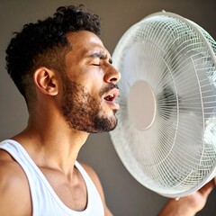 A person in front of a fan with an expression of feeling hot, trying to cool down a bit during the summer. Temperature, cool down, air, scorching