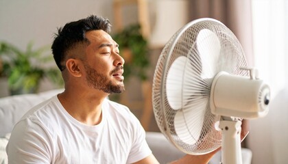 A person in front of a fan with an expression of feeling hot, trying to cool down a bit during the summer. Temperature, cool down, air, scorching