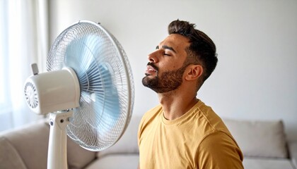 A person in front of a fan with an expression of feeling hot, trying to cool down a bit during the summer. Temperature, cool down, air, scorching