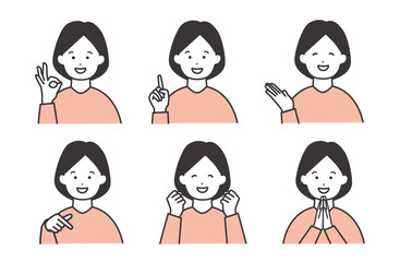 人物イラストセット 女性 指差し 喜び 笑顔 ピンク