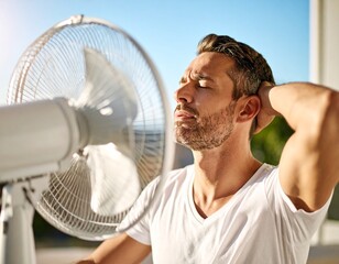 A person in front of a fan with an expression of feeling hot, trying to cool down a bit during the summer. Temperature, cool down, air, scorching