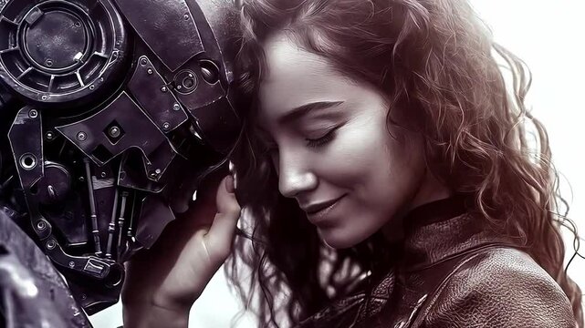 Affectionate young woman gently embraces her robot companion, finding solace and connection in a futuristic world