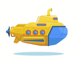 Yellow Submarine, Bathyscaphe cartoon boat, sea research transport. Vector