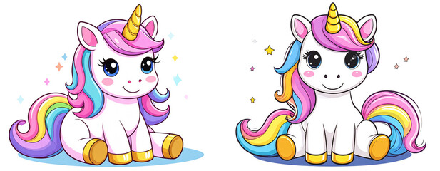 Sitting baby unicorn with golden hooves and rainbow mane in kawaii style Transparent Background PNG
