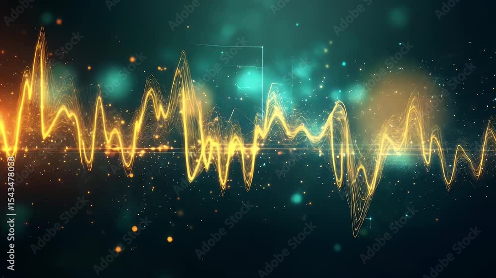 Poster wavy, orange, glowing signal line against dark background with particles and bokeh lights