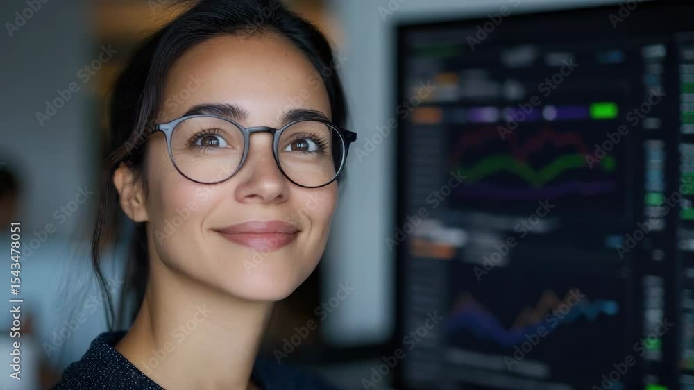 Poster smiling woman with glasses analyzing financial data and graphs on computer screen