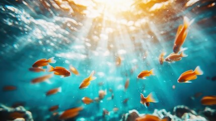 An enchanting underwater scene with golden fish swimming gracefully through sparkling blue waters, evoking tranquility, exploration, and the mysteries of ocean life.