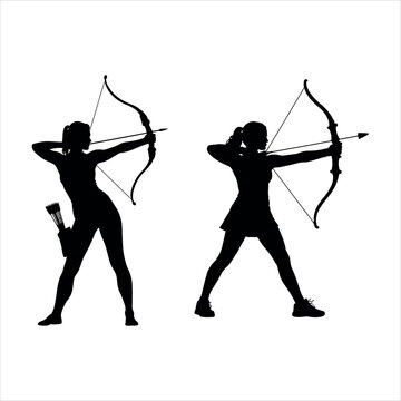 Two female archers in silhouette, poised for an arrow release.