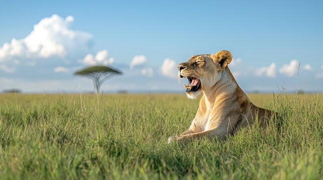 Lioness resting in tall grass, serene savanna landscape - Powered by Adobe