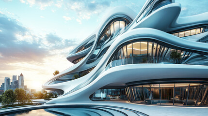 A futuristic, modern building with a wavy, geometric design, featuring large glass windows and a sleek, white exterior.
