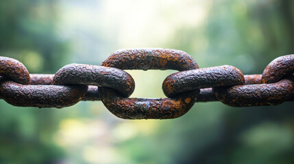 A rusted chain links together in a chain link fence, with a blurred green background.