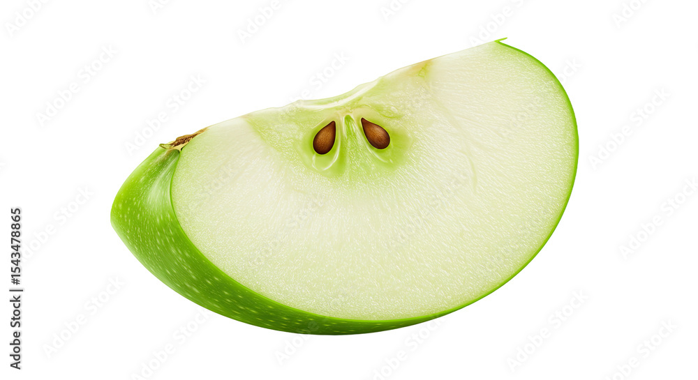 Poster a single slice of fresh green apple isolated on a solid black background
