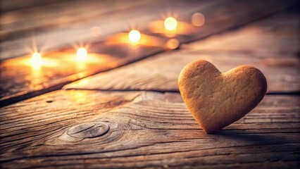 Fototapeta premium Heart-shaped baked treat on rustic wooden surface with soft candlelight glow