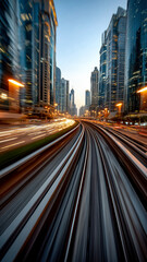 Fototapeta premium Elevated train tracks disappearing into the urban cityscape, blurring light trails of passing transport add to dynamism.
