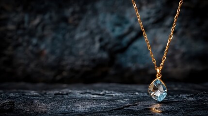 A stunning close-up shot of an elegant pendant necklace featuring a sparkling gem, resting on a textured dark background, showcasing luxury and fine jewelry aesthetics.