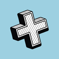 Fototapeta premium Isometric Hand-Drawn Plus Sign: Bold Outline, Hatch Fill, Light Blue Background – Simple Math Symbol with 3D Effect, Vector Illustration for Design Elements