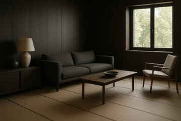 Minimalist living room design with tatami mats, dark wood furniture, and natural light