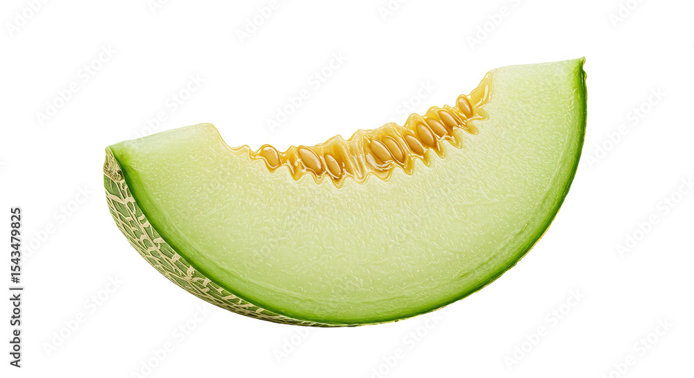Poster a single slice of fresh cantaloupe melon with seeds isolated on black background