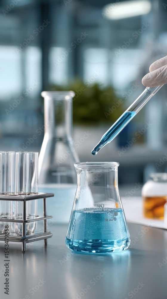 Poster precise dropping of blue liquid into erlenmeyer flask in a scientific lab