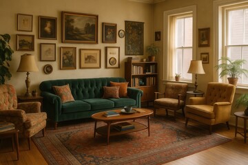 Elegant vintage living room with green velvet sofa, paintings and armchairs