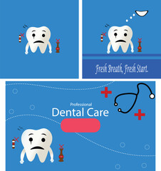 Set Of Dental Clinic Promotion with Tooth Mascot – Cute Dental Comic Panels with Speech Bubble and Healthcare Icons