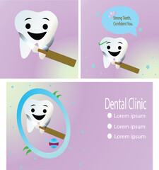 Set Of Dental Clinic Promotion with Tooth Mascot – Cute Dental Comic Panels with Speech Bubble and Healthcare Icons