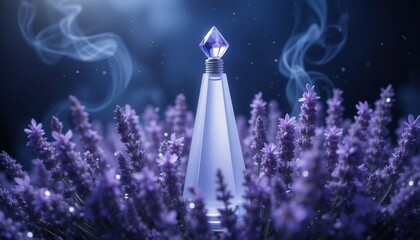 Naklejka premium Frosted Crystal Perfume Bottle with Sapphire Stopper Amidst Lavender