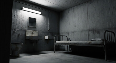 Lonely Prison Cell with Bed and Sink