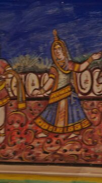 Frescoes Decoration On Wall Of Hanuman Temple In Jaipur, India. Religious Motifs From Life Of Hanuman Are Painted. Monkey-like Deity, Son Of Wind God Vayu. Hanuman With His Retinue. Scene With Horse
