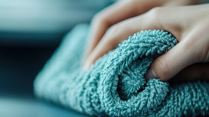 A pair of hands gently hold a soft, textured fabric, illustrating the tactile sensations and comforting aspects of textiles in everyday life and emotional comfort.